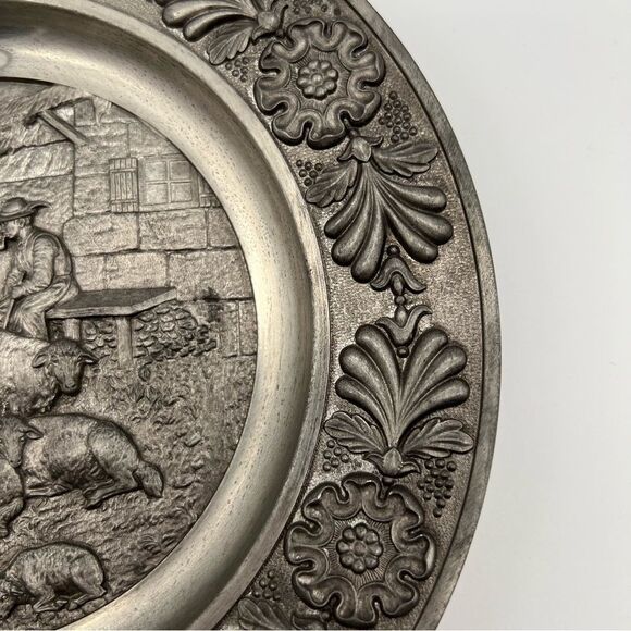 SKS Zinn 95% Pewter Decorative Round Wall Plate Decor Sheepherder West Germany - Picture 6 of 8